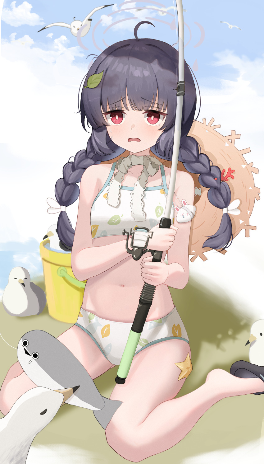 1girl absurdres ahoge bikini bird black_hair blue_archive blue_sky braid breasts bucket choker commentary fishing_rod grey_halo halo hat_on_back highres holding holding_fishing_rod lace lace_choker leaf leaf_on_head leaf_print long_hair miyu_(blue_archive) miyu_(swimsuit)_(blue_archive) official_alternate_costume open_mouth red_eyes rega sacabambaspis seagull sitting sky small_breasts solo starfish swimsuit symbol-only_commentary twin_braids wariza white_bikini