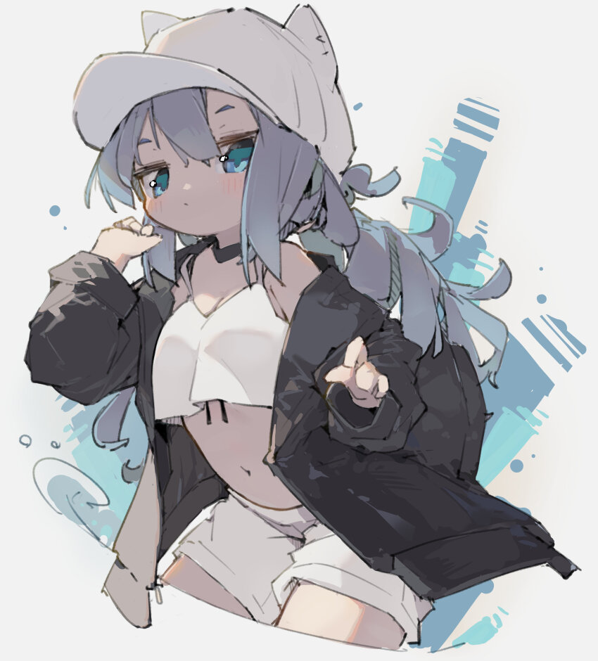 1girl absurdres animal_hat aqua_eyes black_jacket blue_hair breasts cleavage closed_mouth cowboy_shot crop_top hand_up hat highres jacket long_hair navel nep_(nep_76) off_shoulder open_clothes open_jacket original shorts small_breasts solo tank_top white_background white_hat white_shorts white_tank_top