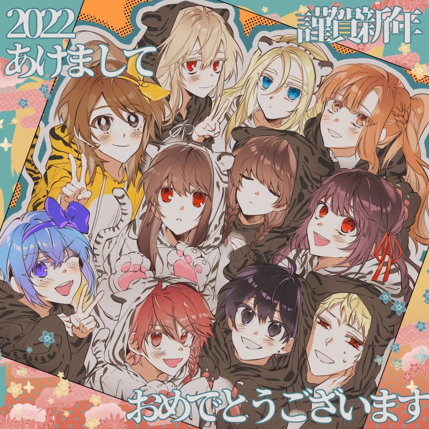animal_hands bow braid bush claire_elford closed_eyes cosplay costume crossover expressionless hair_bow highres higyaku_no_noel himeno_mikoto ib_(ib) ib_(kouri) kaii_shoukougun kanzaki_shiori kigurumi kimi_ga_shine kirisame_ga_furu_mori madotsuki maeno_aki noel_cerquetti ponytail rachel_gardner ryamang satsuriku_no_tenshi smile tail tsugino_haru v witch&#039;s_heart yume_nikki zeno