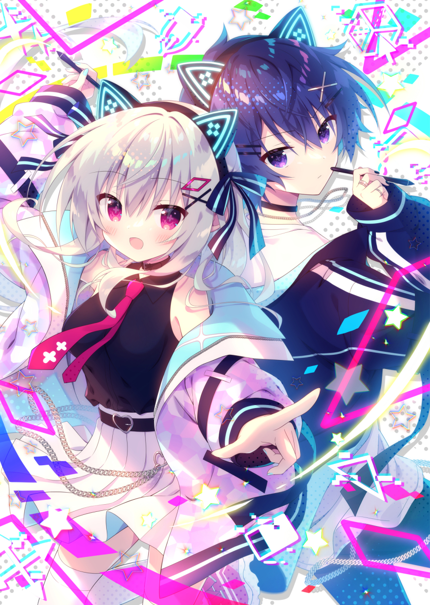 1boy 1girl animal_ear_hairband animal_ears arm_up belt black_belt black_choker black_hairband black_jacket black_pants blue_hair blue_nails blush breasts buckle cat_ears choker closed_mouth comitia_61 commentary_request fake_animal_ears grey_hair hair_between_eyes hair_ornament hairband hairclip heart heart-shaped_buckle highres holding holding_pen jacket jewelry kamishiro_piyo long_hair long_sleeves medium_breasts necklace necktie open_clothes open_jacket original pants pen pink_eyes pink_jacket pleated_skirt purple_eyes red_necktie ring shirt skirt sleeveless sleeveless_shirt star_(symbol) thighhighs white_shirt white_skirt white_thighhighs x_hair_ornament