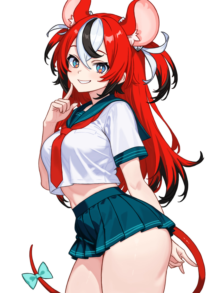 1girl :d absurdres animal_ear_fluff animal_ears arm_behind_back black_hair blue_eyes blue_skirt bow breasts bright_pupils colored_tips commentary cropped_shirt crossed_bangs danimocles dice_hair_ornament double-parted_bangs grin hair_between_eyes hair_ornament hakos_baelz hand_up highres hololive hololive_english index_finger_raised long_hair looking_at_viewer medium_breasts midriff miniskirt mouse_ears mouse_girl mouse_tail multicolored_hair open_mouth pleated_skirt red_hair school_uniform sharp_teeth shirt short_sleeves simple_background skirt smile solo streaked_hair tail tail_bow tail_ornament teeth two_side_up virtual_youtuber white_background white_hair white_pupils white_shirt