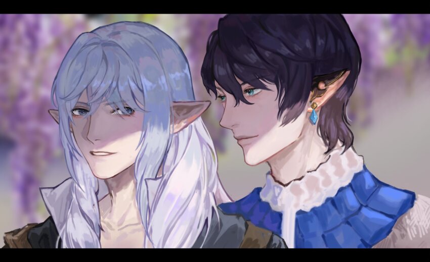 2boys aymeric_de_borel black_hair blue_eyes blurry blurry_background closed_mouth collar collarbone commentary earrings elezen elf english_commentary estinien_varlineau eye_contact eyelashes final_fantasy final_fantasy_xiv frilled_collar frills hair_behind_ear hair_between_eyes highres jewelry letterboxed long_pointy_ears looking_at_another male_focus multiple_boys orange7pudding piercing pointy_ears smile teeth upper_body white_hair