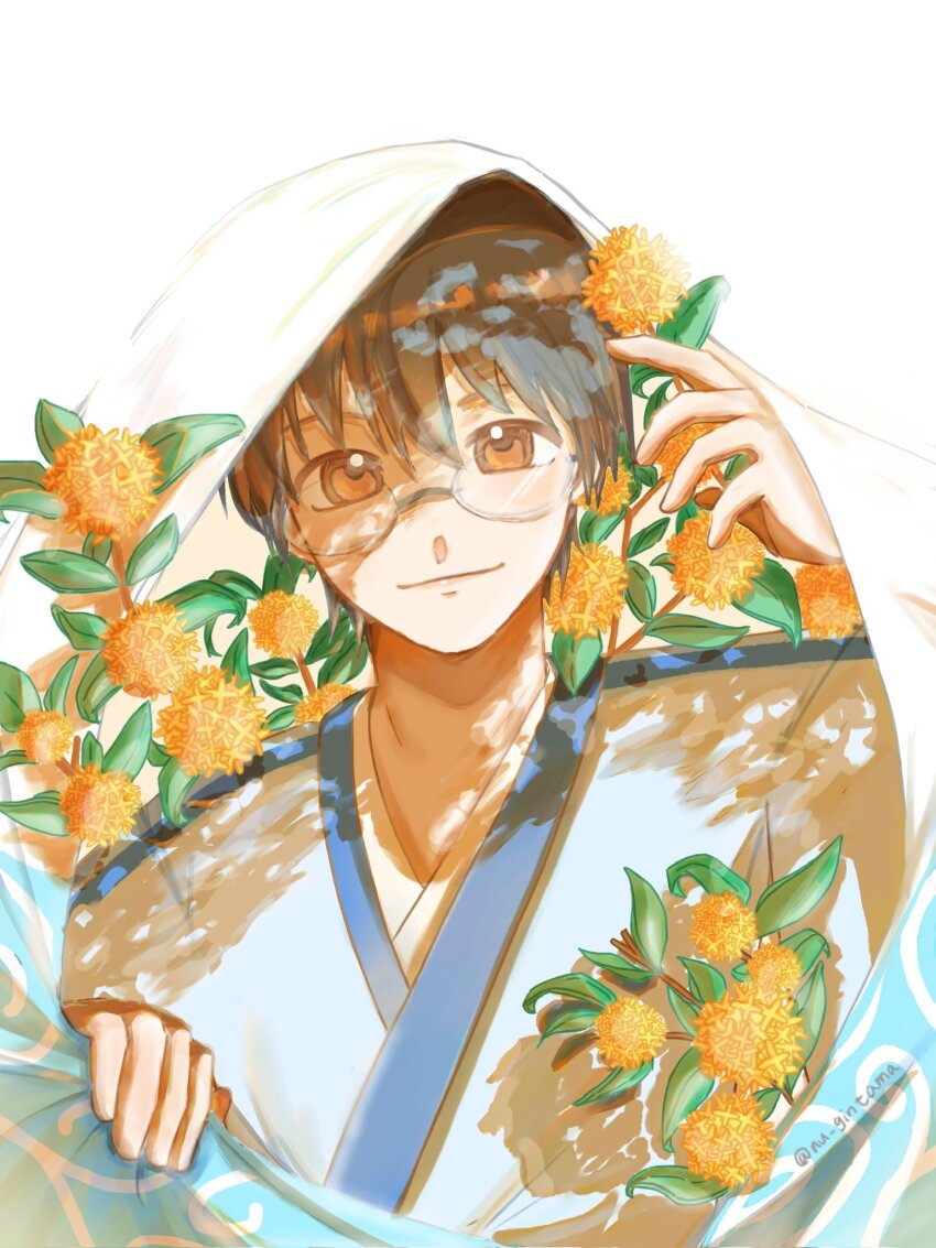1boy brown_eyes brown_hair closed_mouth commentary commentary_request dappled_sunlight flower gintama glasses hand_up highres japanese_clothes kimono leaf looking_at_viewer male_focus nu_gintama orange_flower shimura_shinpachi smile solo sunlight upper_body white_background white_kimono yellow_flower