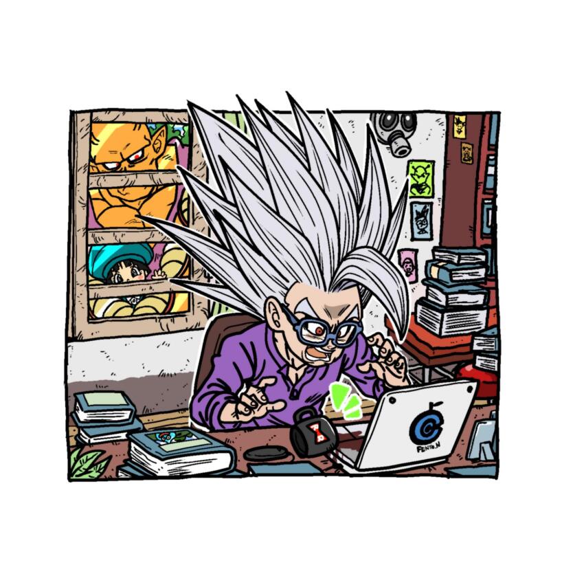 1girl 2boys colored_skin computer cup dragon_ball dragon_ball_super dragon_ball_super_super_hero fenyon glasses gohan_beast grey_hair highres laptop long_hair multiple_boys no_eyebrows orange_piccolo orange_skin pan_(dragon_ball) piccolo pointy_ears purple_shirt red_eyes shirt sitting solo_focus son_gohan spiked_hair table