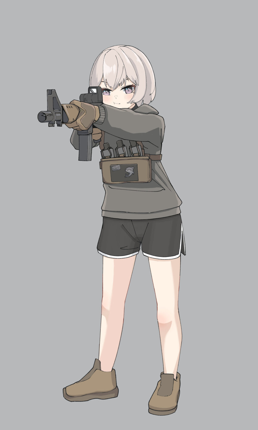 1girl :t absurdres aiming black_shorts blush brown_gloves brown_shoes closed_mouth dolphin_shorts full_body gloves grey_background grey_hoodie gun highres holding holding_gun holding_weapon hood hood_down hoodie okapi_(yomaigoto) original purple_eyes shoes shorts simple_background solo standing weapon weapon_request white_hair