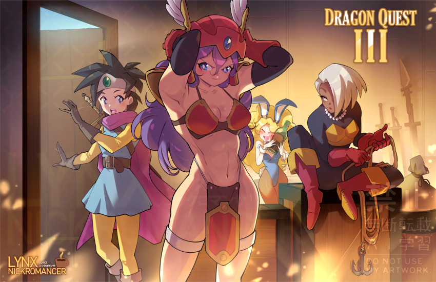 4girls armor armpits bikini bikini_armor black_hair blonde_hair bodysuit bottle cape cheesecakes_by_lynx copyright_name crate dark-skinned_female dark_skin door doorway dragon_quest dragon_quest_iii gadabout_(dq3) gloves grappling_hook grey_hair helmet heroine_(dq3) highleg highleg_bikini highres leotard multiple_girls open_door paid_reward_available pelvic_curtain playboy_bunny purple_hair sitting smile swimsuit thief_(dq3) thighs toned toned_female warrior_(dq3) watermark wine_bottle winged_helmet