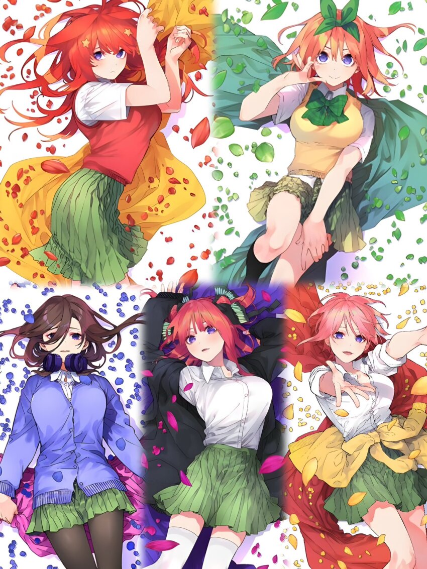 5girls ahoge arms_up black_jacket black_pantyhose black_socks blue_petals blue_sweater blue_sweater_vest blue_vest blush bow bowtie breasts brown_hair butterfly_hair_ornament cloak closed_eyes clothes_around_waist collar collarbone dot_nose female_focus go-toubun_no_hanayome grabbing_clothes green_bow green_bowtie green_cloak green_petals green_ribbon green_skirt hair_between_eyes hair_bow hair_ornament hair_ribbon haruba_negi headphones headphones_around_neck highres jacket jacket_around_waist kneehighs large_breasts legs long_hair long_sleeves looking_back lying miniskirt multiple_girls nakano_ichika nakano_itsuki nakano_miku nakano_nino nakano_yotsuba official_art on_back on_side open_clothes open_mouth orange_hair pantyhose petals pink_cloak pink_hair pink_petals pleated_skirt purple_cloak purple_eyes quintuplets red_cloak red_hair red_petals red_sweater red_sweater_vest ribbon shirt short_hair shorts siblings simple_background sisters skirt smile socks star_(symbol) star_hair_ornament stitched sweater sweater_vest thighhighs thighs third-party_edit vest white_background white_shirt white_thighhighs yellow_cloak yellow_jacket yellow_petals yellow_sweater yellow_sweater_vest yellow_vest zettai_ryouiki