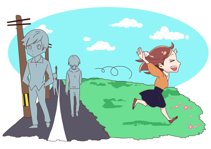1girl 2boys arms_up artist_request black_skirt blue_sky cloud colorized day field flower grass higuchi_(trigger) long_skirt motion_lines multiple_boys outdoors plant pole power_lines promotional_art road running secretary_(trigger) simple_background skirt sky solo_focus speed_lines street table trigger_(company)