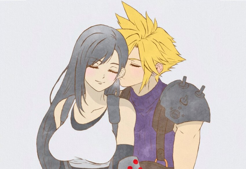11hana06 1boy 1girl armor bare_shoulders black_gloves black_hair blonde_hair blue_sweater breasts closed_eyes cloud_strife collarbone couple crop_top earrings elbow_gloves final_fantasy final_fantasy_vii final_fantasy_vii_rebirth final_fantasy_vii_remake gloves grey_background hair_behind_ear jewelry kiss kissing_ear large_breasts light_blush long_hair ribbed_sweater short_hair shoulder_armor single_earring sleeveless sleeveless_turtleneck smile spiked_hair stud_earrings suspenders sweater swept_bangs tank_top teardrop_earrings tifa_lockhart turtleneck turtleneck_sweater upper_body white_tank_top