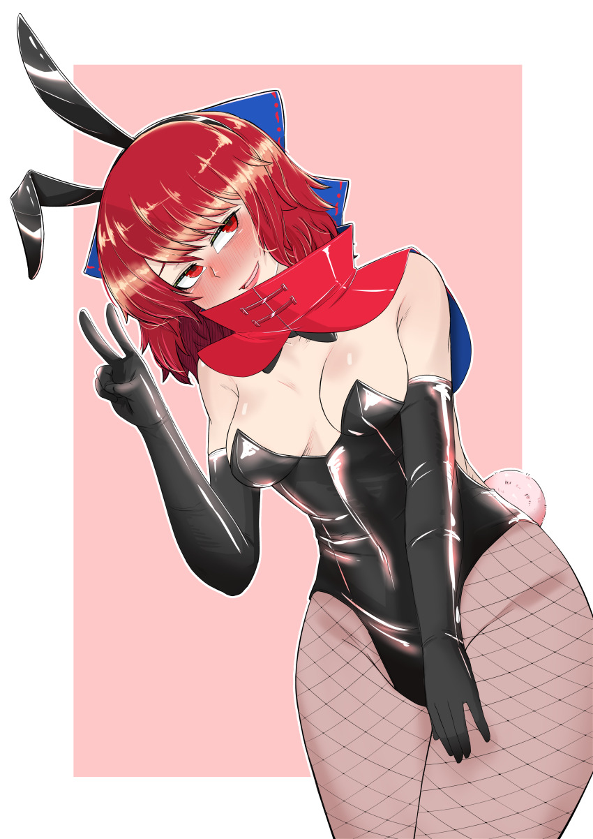 1girl absurdres animal_ears bags_under_eyes black_gloves black_leotard blush bodysuit bow bowtie breasts cape capelet covered_navel double_dealing_character elbow_gloves fake_animal_ears fake_tail fishnet_pantyhose fishnets gloves hair_bow highleg highleg_leotard highres horyutyu latex latex_bodysuit latex_gloves leotard lipstick long_glove makeup medium_breasts medium_hair pantyhose playboy_bunny rabbit_ears rabbit_tail red_cape red_eyes red_hair ribbon-trimmed_bow ribbon_trim sekibanki simple_background strapless strapless_leotard sweatdrop tail touhou