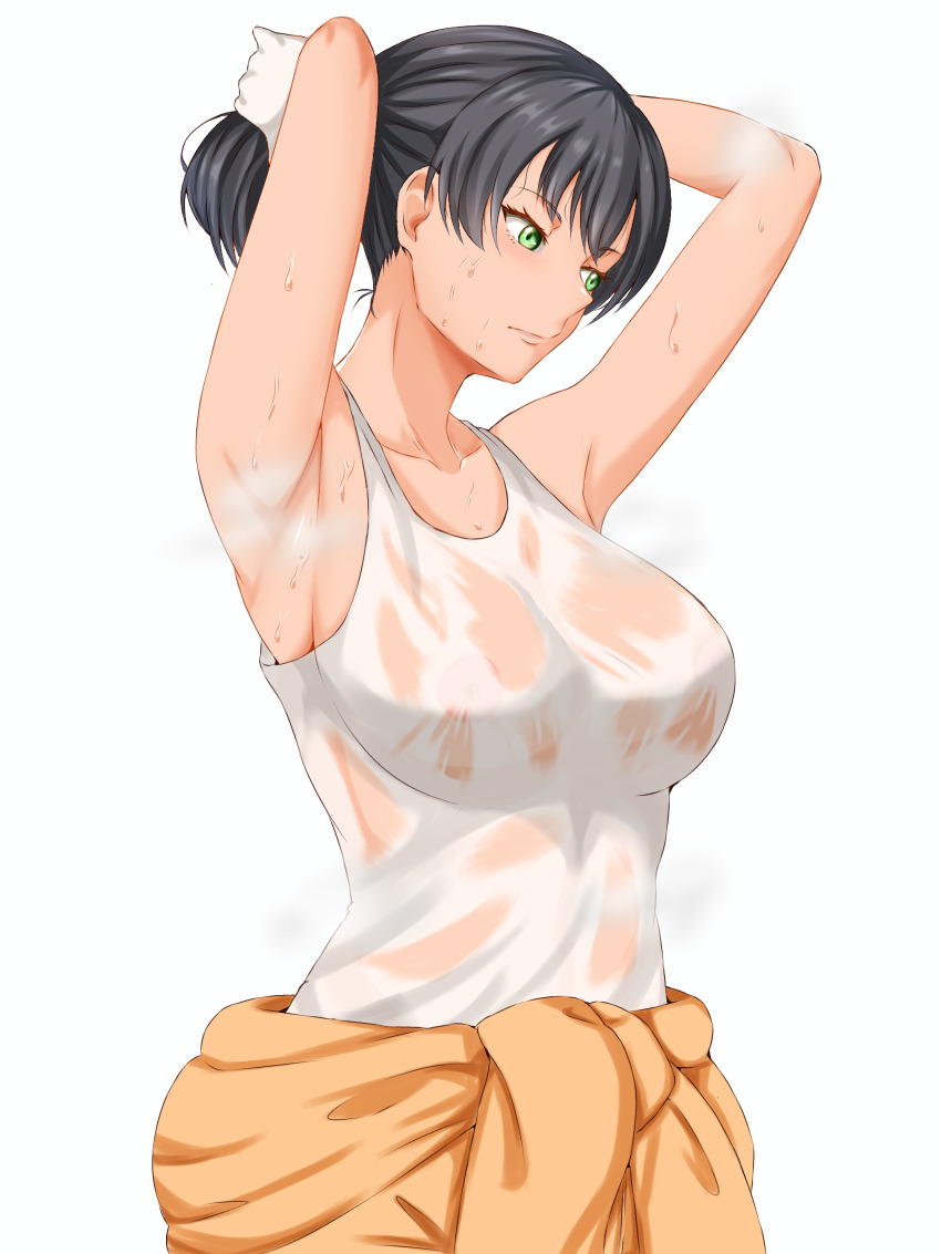 1girl absurdres armpits arms_up black_hair breasts closed_mouth clothes_around_waist commentary english_commentary frown girls_und_panzer gloves gomi_ningen_(81848656) green_eyes highres hoshino_(girls_und_panzer) jumpsuit large_breasts looking_to_the_side mechanic no_bra orange_jumpsuit shirt short_hair simple_background solo standing steam tank_top tying_hair wet wet_clothes wet_shirt white_background white_gloves white_tank_top