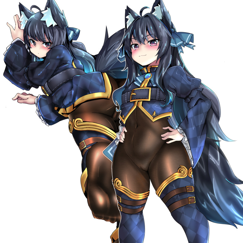 1girl ahoge animal_ear_fluff animal_ears argyle_clothes argyle_shirt argyle_thighhighs ass black_hair black_shrug blush bodystocking bodysuit borrowed_character breasts brown_bodysuit cameltoe checkered_thighhighs chest_belt covered_navel detached_pants edoara feet full_body gold_trim gradient_eyes hair_ribbon hands_on_own_hips highres impossible_bodysuit impossible_clothes long_hair long_sleeves looking_at_viewer multicolored_eyes no_shoes original pantyhose presenting presenting_ass red_eyes ribbon see-through_bodystocking shrug_(clothing) simple_background small_breasts smile soles standing svartlilja_(vrchat) tail vrchat wolf_ears wolf_girl wolf_tail