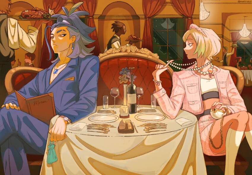 adaman_(pokemon) alternate_costume blonde_hair blue_hair candle corked_bottle eyebrow_cut gen_1_pokemon glass highres holding holding_tray indoors irida_(pokemon) james_(pokemon) jessie_(pokemon) jewelry looking_at_another magikarp menu multicolored_hair necklace nintendo padeliciouss pearl_necklace pokemon pokemon_(anime) pokemon_legends:_arceus restaurant sitting table tray two-tone_hair v-neck waiter watch wristwatch