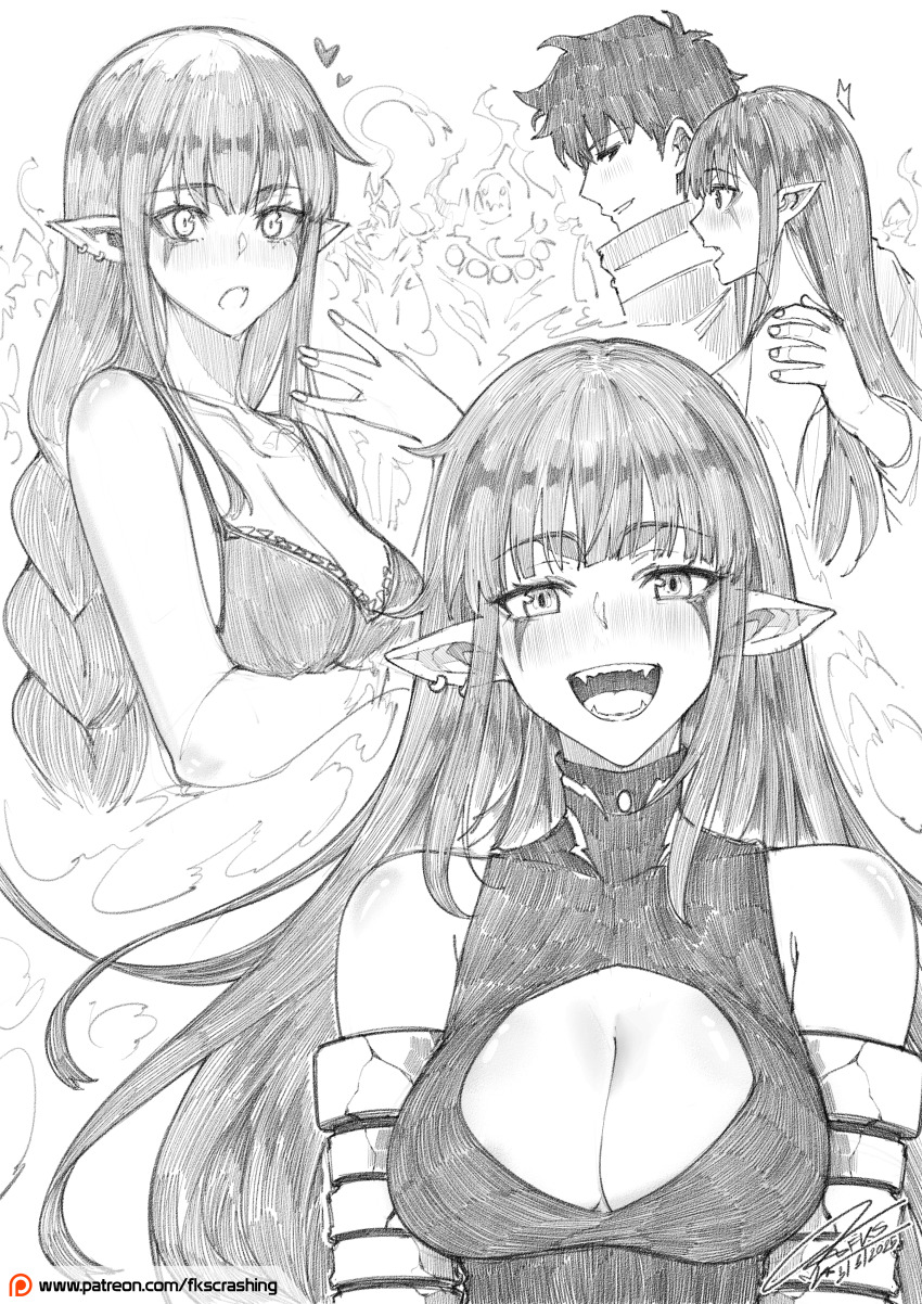 1girl 2boys absurdres bare_shoulders blush bra braid breasts cleavage cleavage_cutout clothing_cutout commentary crack dated earrings english_commentary esil_radiru fang fangs fkscrashing greyscale hand_on_another&#039;s_shoulder heart highres jewelry long_hair looking_at_another looking_at_viewer medium_breasts monochrome multiple_boys open_mouth patreon_logo patreon_username pointy_ears signature solo_leveling straight_hair sung_jin-woo tusk_(solo_leveling) underwear very_long_hair