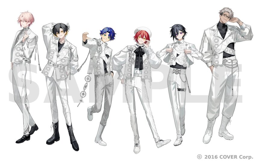 6+boys adjusting_clothes adjusting_eyewear aiguillette alternate_costume alternate_hairstyle aqua_eyes arm_behind_head arurandeisu astel_leda asymmetrical_clothes asymmetrical_jacket belt beret black_footwear black_hair black_ribbon black_shirt black_undershirt blonde_hair blue_hair boots bracelet closed_mouth clothing_cutout collared_shirt copyright_notice cuff_links curtained_hair dress_shirt dress_shoes ear_piercing earrings fang finger_heart frilled_shirt_collar frilled_sleeves frills full_body glasses gloves green_eyes grey_hair grey_pants grey_shirt grin hair_behind_ear hair_between_eyes hair_ornament hairclip half-heart_hands hanasaki_miyabi hand_in_pocket hand_on_own_hip hat hat_ornament holostars jacket jewelry kanade_izuru lace-up_boots lapel_pin light_blush lightning_bolt lightning_bolt_hair_ornament lightning_bolt_symbol lineup long_sleeves looking_at_viewer male_focus monk_shoes multicolored_hair multiple_boys neck_ribbon necklace official_art open_clothes open_jacket pants piercing pink_hair puffy_long_sleeves puffy_sleeves puritan_collar purple_eyes red_hair ribbon rikka_(holostars) rope_belt sample_watermark shirt shoes short_hair side_part simple_background single_earring smile standing star_(symbol) star_cutout star_hat_ornament star_print streaked_hair swept_bangs tassel thigh_strap turtleneck two-tone_hair ugonba_(howatoro) undercut virtual_youtuber watermark white_background white_belt white_footwear white_gloves white_hat white_jacket white_pants white_shirt yatogami_fuma yellow_eyes