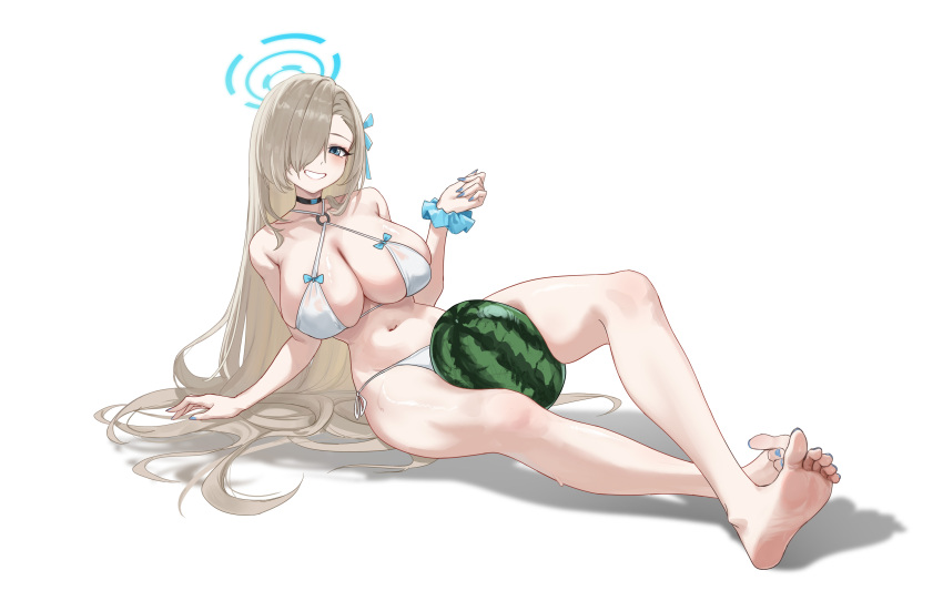 1girl absurdres asuna_(blue_archive) bare_legs barefoot between_thighs bikini bingmang blonde_hair blue_archive blue_eyes blue_halo breasts commentary_request feet food fruit halo highres large_breasts legs long_hair navel simple_background smile soles solo swimsuit toes watermelon white_background white_bikini