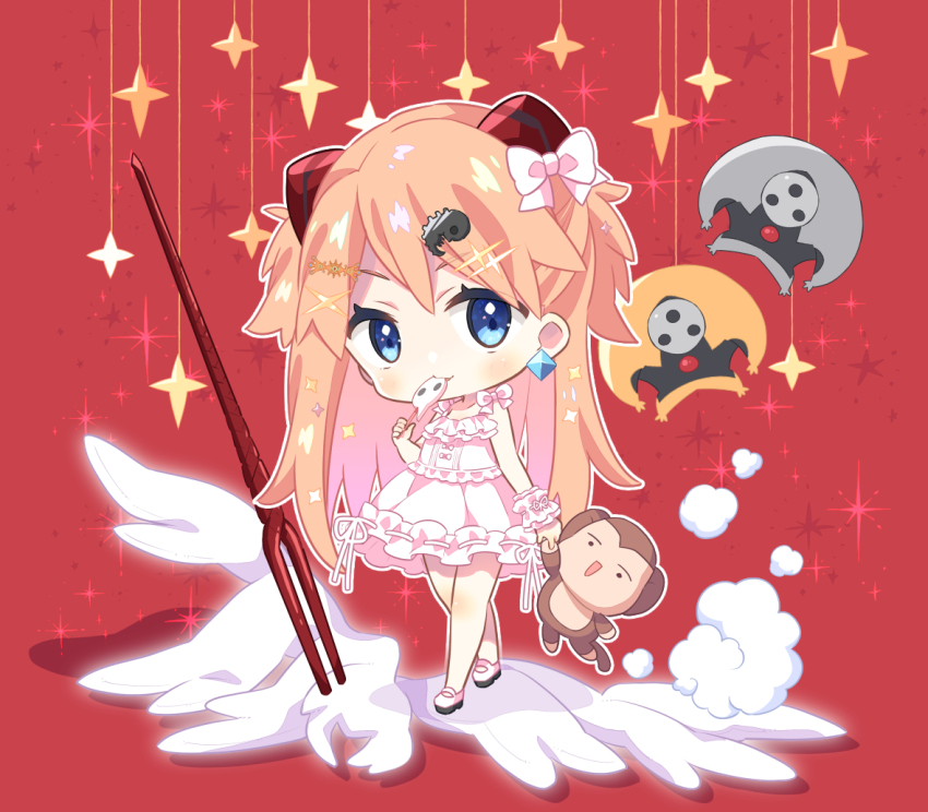 1girl 6+others angel_(evangelion) arael artist_request blue_eyes brown_hair candy character_doll chibi doll dress food full_body hair_ornament interface_headset_(evangelion) israfel_(evangelion) lance lance_of_longinus_(evangelion) long_hair looking_at_viewer multiple_others neon_genesis_evangelion polearm ramiel simple_background solo souryuu_asuka_langley standing stuffed_animal stuffed_toy weapon