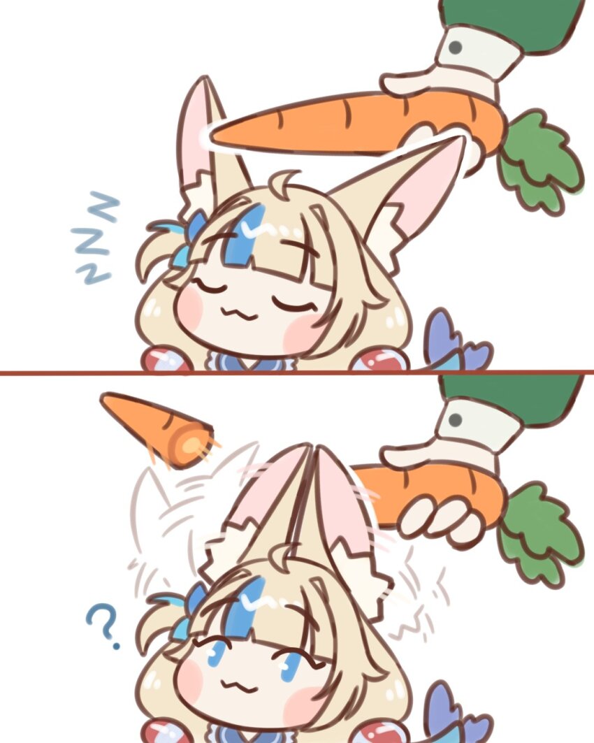 2girls :3 ahoge blonde_hair blue_eyes blue_hair carrot chibi closed_eyes closed_mouth commentary fins fish_girl head_fins highres holding holding_carrot indie_virtual_youtuber long_hair looking_at_viewer low_twintails multicolored_hair multiple_girls nimi_nightmare prehensile_ears sameko_saba seekorplatypus smile streaked_hair twintails very_long_hair zzz