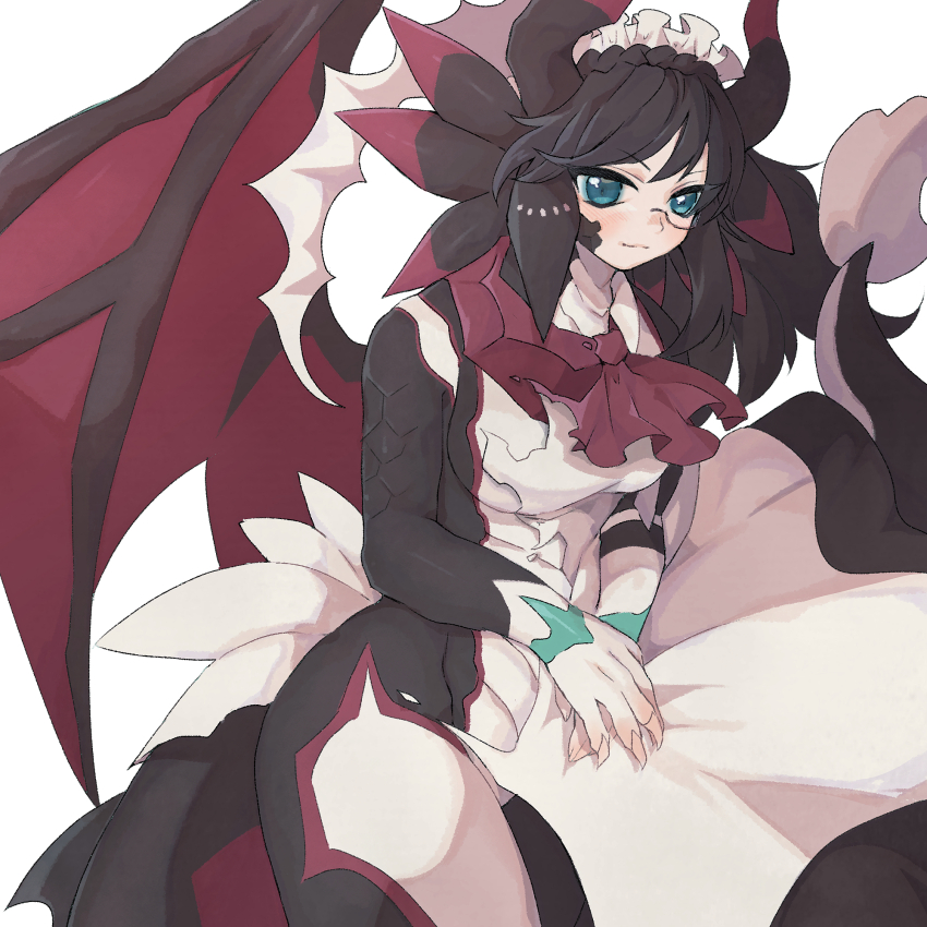 1girl asymmetrical_arms black_dress black_hair breasts dragon_girl dragon_horns dragon_tail dragon_wings dragonmaid_sheou dress duel_monster glasses highres horns house_dragonmaid kokodari large_breasts maid maid_headdress scales solo tail torn_clothes transformation wings yu-gi-oh!