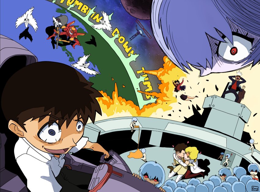 3boys 6+girls ? absurdres akagi_ritsuko arms_at_sides ass ayanami_rei blonde_hair blue_eyes blue_hair boots brown_hair cheek-to-cheek chimeraenvy climbing clone closed_eyes clothed_female_nude_female clothed_male_nude_female coat cockpit completely_nude crazy_eyes crazy_smile dress earth_(planet) eating english_text eva_01 eva_02 explosion feet full_body glasses hammer hands_on_own_head happy heads_together heart hiding highres holding holding_weapon hug ibuki_maya ikari_gendou ikari_shinji japan katsuragi_misato kneeling lab_coat lcl looking_at_another looking_to_the_side looking_up mallet mass_production_eva mecha mole mole_under_eye moon multiple_boys multiple_girls neon_genesis_evangelion nude on_ground open_mouth perspective planet ? red_eyes red_hair robot running scene_reference seiza shadow short_hair sitting sledgehammer smile soles spoilers standing the_end_of_evangelion violence watermark weapon white_coat wings yuri