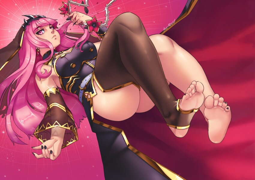 1girl artist_name ass bare_shoulders barefoot black_dress black_nails blood blunt_bangs blush_stickers breasts brown_thighhighs cleavage closed_mouth detached_sleeves dress expressionless eyelashes feet flower gold_trim hand_up highres holding hololive hololive_english large_breasts long_hair looking_at_viewer mori_calliope mori_calliope_(1st_costume) nail_polish no_shoes pink_background pink_eyes pink_hair see-through_clothes see-through_sleeves single_bare_leg single_thighhigh sleeveless sleeveless_dress soles solo thighhighs thighs toenail_polish toenails toes veil very_long_hair virtual_youtuber wide_sleeves yaseipaisley