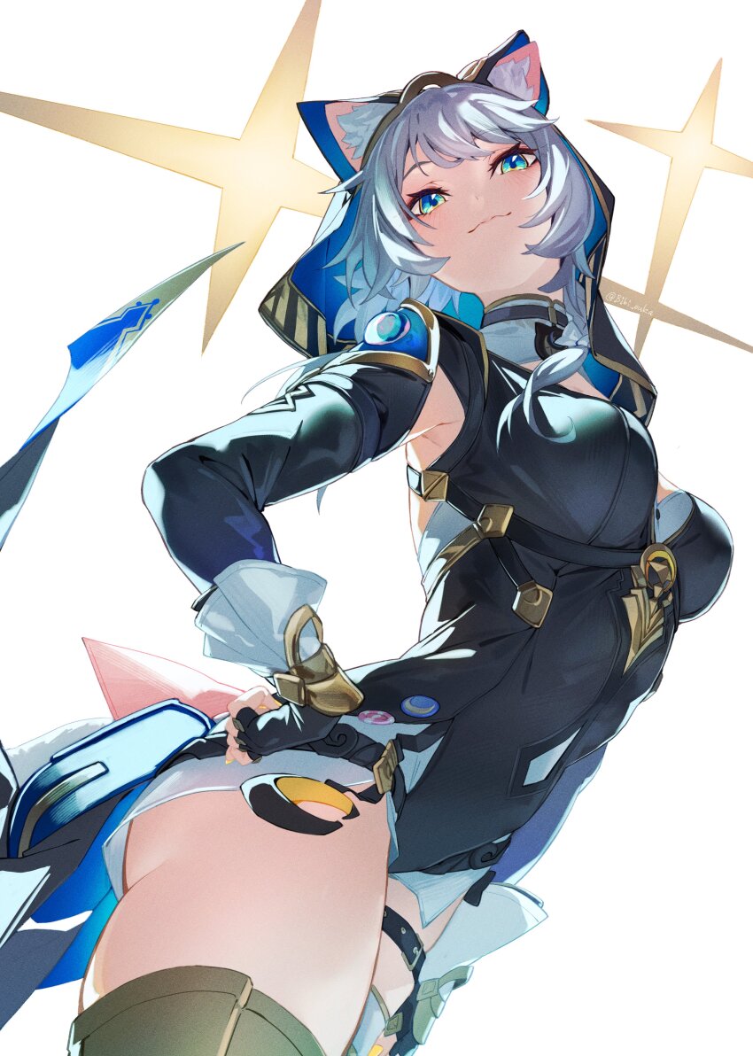 1girl absurdres animal_ear_fluff animal_ears animal_hood belt bibisuka black_gloves black_leotard blue_eyes breasts cat_ears cat_girl cat_hood cat_tail cipher_(honkai:_star_rail) commentary_request fingerless_gloves gloves grey_hair highres honkai:_star_rail honkai_(series) hood hooded_leotard large_breasts leotard short_hair_with_long_locks solo tail thigh_belt thigh_strap thighs white_background