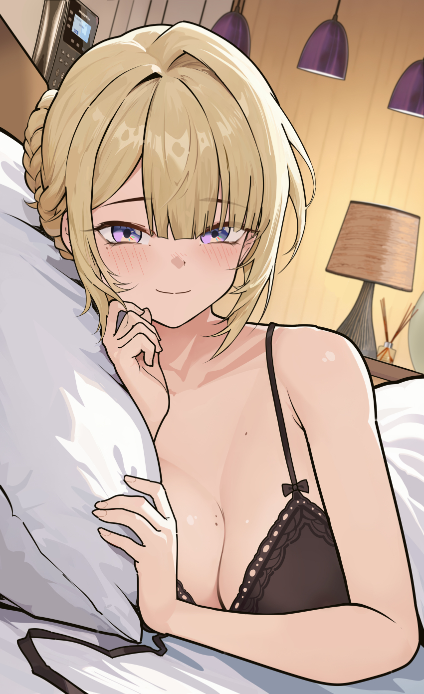 1girl absurdres bare_shoulders bed bedroom black_bra blonde_hair blush bra breasts closed_mouth collarbone commentary desk_lamp dutch_angle english_commentary evelyn_chevalier hand_up highres indoors lamp large_breasts looking_at_viewer lying mile on_bed on_side pillow pov_across_bed purple_eyes revision ryeon_(naturesan) short_hair solo under_covers underwear zenless_zone_zero