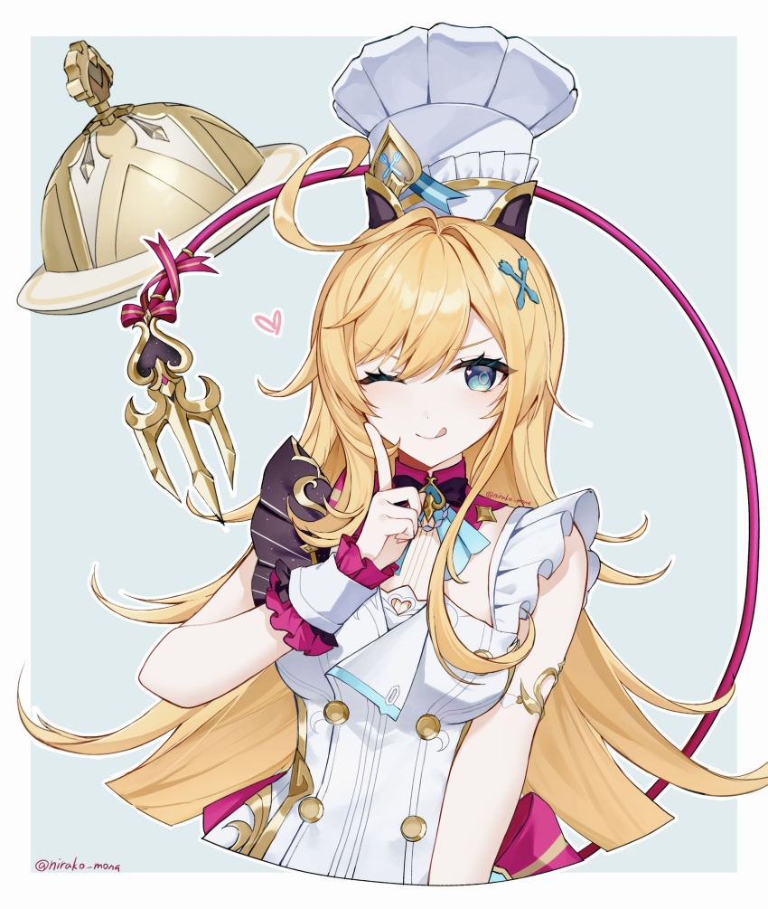 1girl ;) ;q absurdres ahoge apron aqua_eyes bare_shoulders blonde_hair chef_hat commentary_request escoffier_(genshin_impact) genshin_impact hair_intakes hair_ornament hand_up hat heart highres index_finger_raised long_hair looking_at_viewer nirako_mona one_eye_closed partial_commentary smile solo tongue tongue_out upper_body very_long_hair white_apron white_hat wrist_cuffs