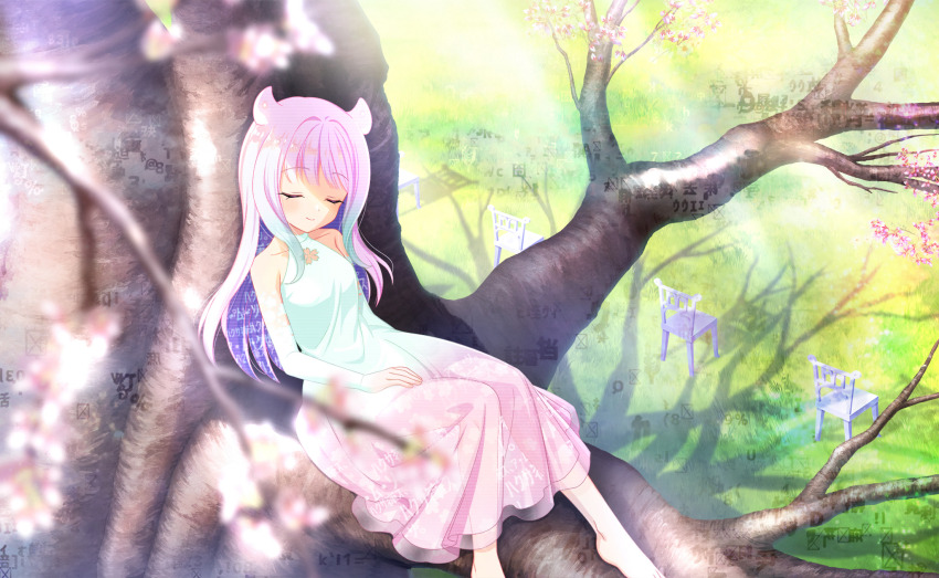 1girl above-cleavage_cutout artist_request bare_shoulders barefoot chair cherry_blossom_print closed_eyes closed_mouth clothing_cutout collarbone colored_inner_hair day detached_sleeves dot_nose dress eternal_sakura eyelashes feet field floral_print flower_cutout foot_out_of_frame game_cg glitch gradient_clothes gradient_dress green_dress hair_horns halter_dress halterneck hand_on_lap happy highres light_blush light_rays long_hair long_sleeves magia_record:_mahou_shoujo_madoka_magica_gaiden mahou_shoujo_madoka_magica mahou_shoujo_madoka_magica_magia_exedra multicolored_hair official_art on_tree outdoors pink_dress pink_hair print_dress purple_hair see-through_clothes see-through_dress shadow sidelocks sitting sleeping smile solo sunlight toes two-tone_dress two-tone_hair very_long_hair wavy_hair white_sleeves