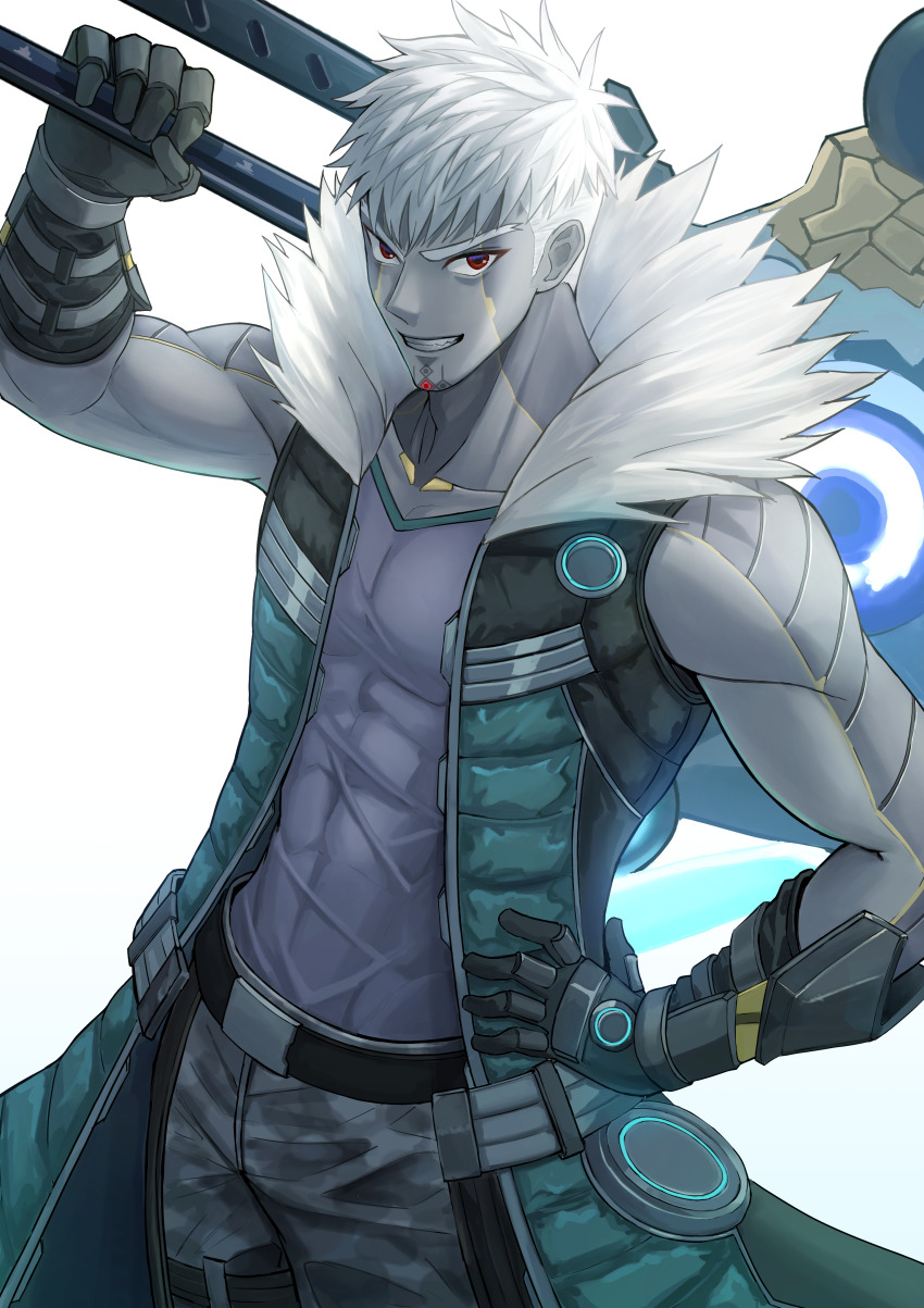 1boy absurdres belt belt_buckle black_belt black_gloves buckle colored_skin covered_abs down_jacket forked_eyebrows fur-trimmed_jacket fur_trim gloves grey_pants grey_shirt grey_skin hand_on_own_hip highres holding holding_sword holding_weapon jacket lanz_(xenoblade) looking_at_viewer male_focus pants red_eyes ryuei_tachibana shirt shirt_tucked_in short_hair simple_background sleeveless sleeveless_jacket smile solo sword taut_clothes taut_shirt toned toned_male v-shaped_eyebrows weapon white_background white_hair xenoblade_chronicles_(series) xenoblade_chronicles_3