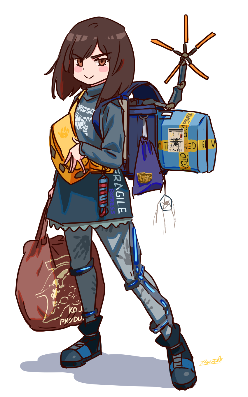 1girl :&gt; absurdres ankle_boots backpack bag blush_stickers bob_cut boots brown_eyes brown_hair closed_mouth cosplay death_stranding dreamcatcher full_body grey_boots grey_pants highres holding holding_bag long_sleeves looking_at_viewer medium_hair odradek original pants randoseru rope ryusei_hashida sam_porter_bridges sam_porter_bridges_(cosplay) signature simple_background smile solo white_background
