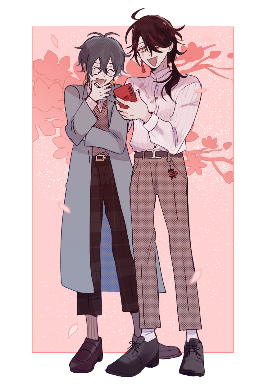 2boys belt black_hair black_nails black_pants black_shoes blue_coat border brown_belt brown_pants brown_shoes bug_bbb cherry_blossoms closed_eyes coat earrings fangs food full_body glasses grey_hair hair_between_eyes hair_over_one_eye highres ike_eveland ike_eveland_(sakura_bloom) jewelry laughing long_sleeves low_ponytail lower_teeth_only male_focus multicolored_hair multiple_boys nijisanji nijisanji_en onigiri open_mouth outside_border pants pink_background plaid_clothes plaid_pants ponytail red_hair shirt shoes single_earring smile socks standing streaked_hair sweater_vest tearing_up teeth virtual_youtuber vox_akuma vox_akuma_(sakura_bloom) white_border white_shirt white_socks yellow_eyes