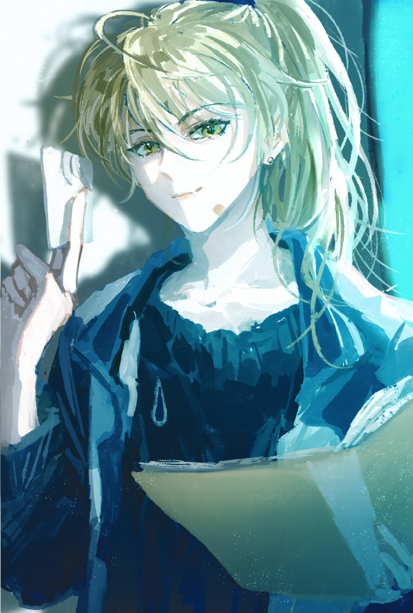 1girl absurdres ahoge bandaid bandaid_on_face black_shirt blonde_hair blue_jacket book card chinese_commentary closed_mouth collarbone driedpersimmonisverydelicious earrings genderswap genderswap_(mtf) hair_between_eyes hand_up highres holding holding_book holding_card huang_shaotian jacket jewelry long_hair long_sleeves looking_at_viewer multicolored_jacket open_book ponytail quan_zhi_gao_shou shadow shirt smile solo upper_body yellow_eyes