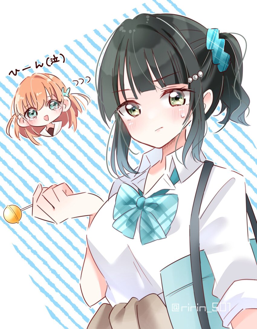 2girls :d alternate_costume aqua_eyes bag blue_background blue_bag blue_bow blue_bowtie blue_scrunchie blunt_bangs blush bow bowtie breasts brown_cardigan candy cardigan cardigan_around_waist chibi chibi_inset chupa_chups clothes_around_waist collared_shirt commentary_request cropped_shoulders crossed_bangs diagonal-striped_background dress_shirt flying_sweatdrops food gyaru hair_intakes hair_ornament hair_scrunchie hairclip hasu_no_sora_school_uniform highres hinoshita_kaho holding holding_candy holding_food holding_lollipop kogal large_breasts link!_like!_love_live! lollipop looking_at_viewer loose_bowtie love_live! love_live!_nijigasaki_high_school_idol_club medium_hair momose_ginko multiple_girls open_mouth orange_hair plaid_bow plaid_bowtie plaid_clothes ponytail rabbit_hair_ornament ririn_(ririn_501) sailor_collar school_bag school_uniform scrunchie shirt short_hair short_ponytail shoulder_bag sidelocks smile solo_focus striped_background sweatdrop tearing_up translation_request two_side_up virtual_youtuber white_sailor_collar white_shirt winter_uniform