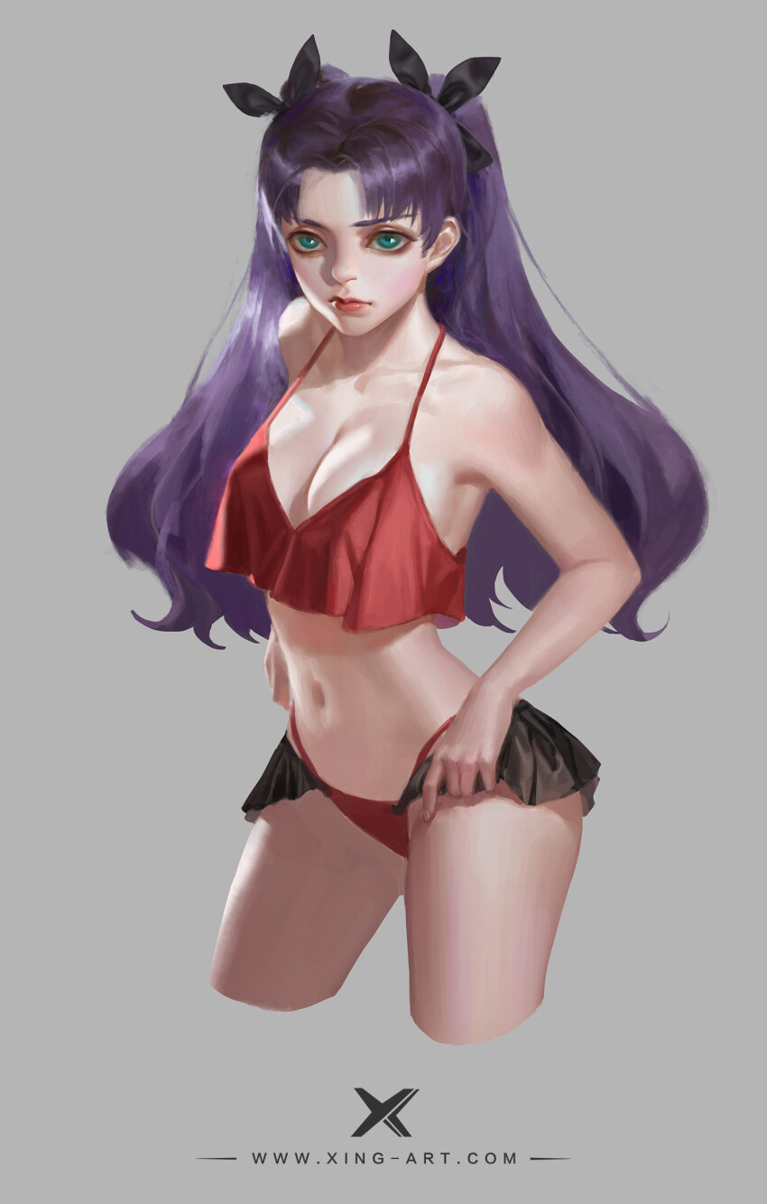 1girl alternate_costume aqua_eyes artist_name bare_arms bare_shoulders bikini black_bow bow breasts chinese_commentary cleavage closed_mouth collarbone commentary_request cropped_legs expressionless eyelashes fate/stay_night fate_(series) frilled_bikini frills grey_background hair_bow hand_on_own_hip highres lips long_hair looking_at_viewer medium_breasts navel parted_bangs purple_hair realistic red_bikini red_lips simple_background solo spaghetti_strap starlab stomach swimsuit thick_eyebrows thighs tohsaka_rin two_side_up very_long_hair watermark