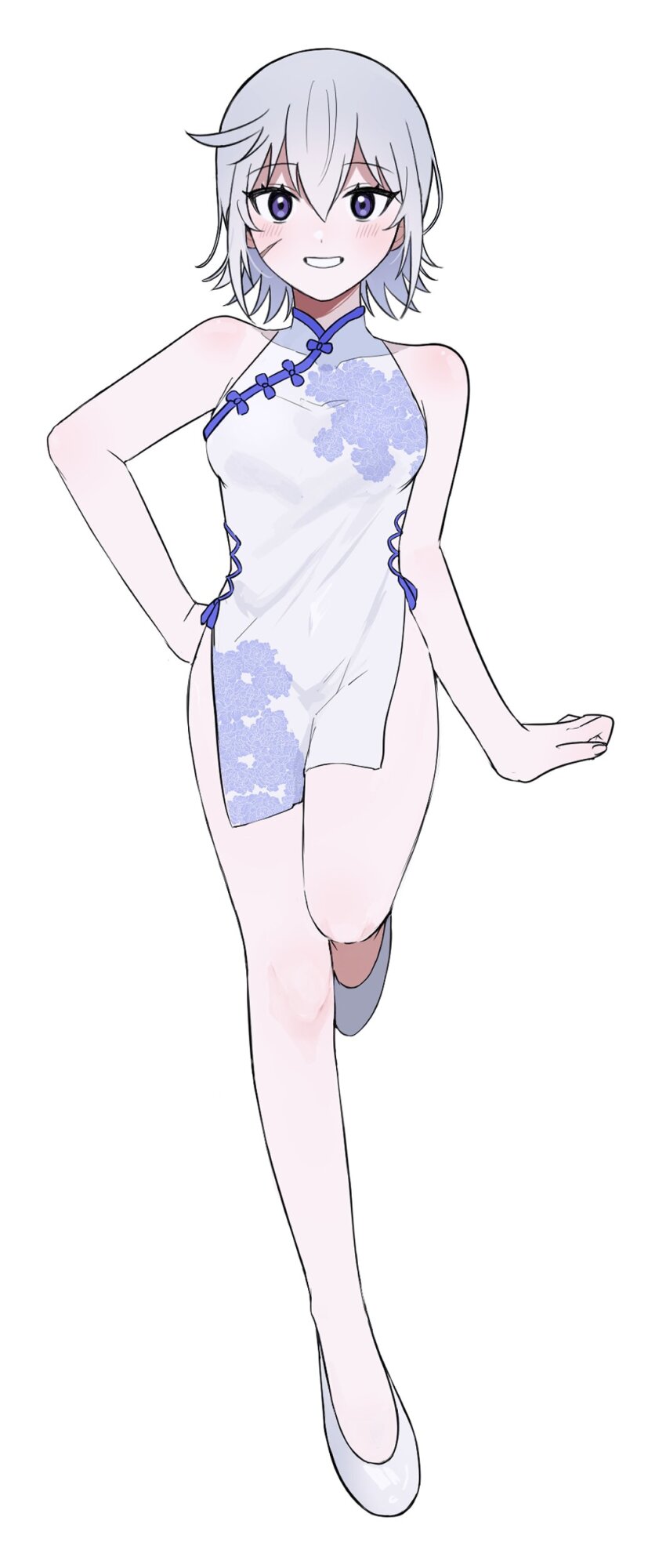 1girl absurdres blush breasts china chris_(konosuba) commentary dress english_commentary floral_print full_body grin hand_on_own_hip highres kono_subarashii_sekai_ni_shukufuku_wo! legs looking_at_viewer poyo_pn print_dress purple_eyes second-party_source shoes short_hair simple_background sleeveless sleeveless_dress smile solo thighs variant_set white_background white_dress white_shoes