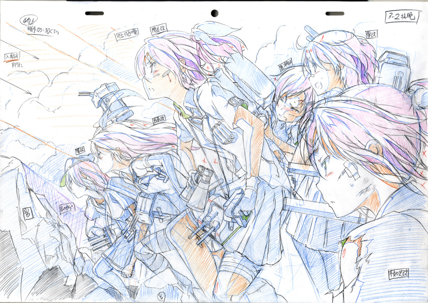 10s 6+girls bandages binoculars hair_ribbon hibiki_(kancolle) ikazuchi_(kancolle) kagerou_(kancolle) kantai_collection kuroshio_(kancolle) lineart long_hair multiple_girls personification ponytail rensouhou-chan ribbon shiika_sadamasa shimakaze_(kancolle) shiranui_(kancolle) short_hair torn_clothes