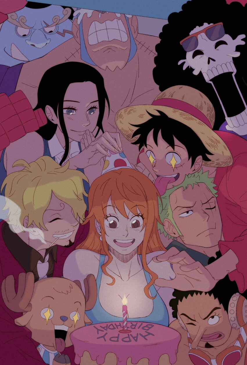 2girls 6+boys afro antlers bare_shoulders birthday birthday_cake black_hair blonde_hair blue_hair blue_skin blue_tank_top breasts brook_(one_piece) brown_eyes brown_fur cake cigarette closed_mouth collarbone colored_skin commentary english_commentary facial_scar fish_boy food franky_(one_piece) green_hair grin happy_birthday hat highres horns jinbe_(one_piece) large_breasts long_hair long_nose monkey_d._luffy multiple_boys multiple_girls nami_(one_piece) nico_robin oliviajtaylor20 one_piece open_mouth orange_hair party_hat reindeer_antlers reindeer_boy roronoa_zoro sanji_(one_piece) scar scar_across_eye scar_on_cheek scar_on_face short_hair sidelocks skeleton smile sparkling_eyes straw_hat straw_hat_pirates tank_top tears tongue tongue_out tony_tony_chopper upper_body usopp wavy_hair