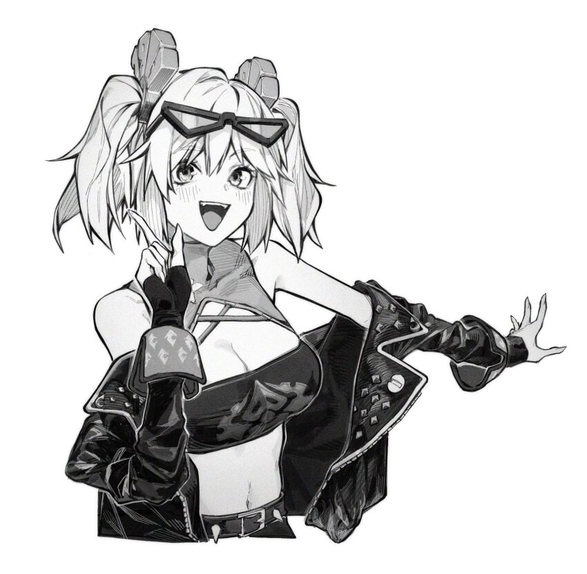 1girl belt blush breasts burnice_white cleavage eyewear_on_head fingerless_gloves gloves greyscale hair_between_eyes highres hoshino_ruby_dance jacket large_breasts looking_at_viewer midriff monochrome navel open_mouth sidelocks simple_background smile solo teeth upper_body upper_teeth_only white_background zenless_zone_zero zero808w