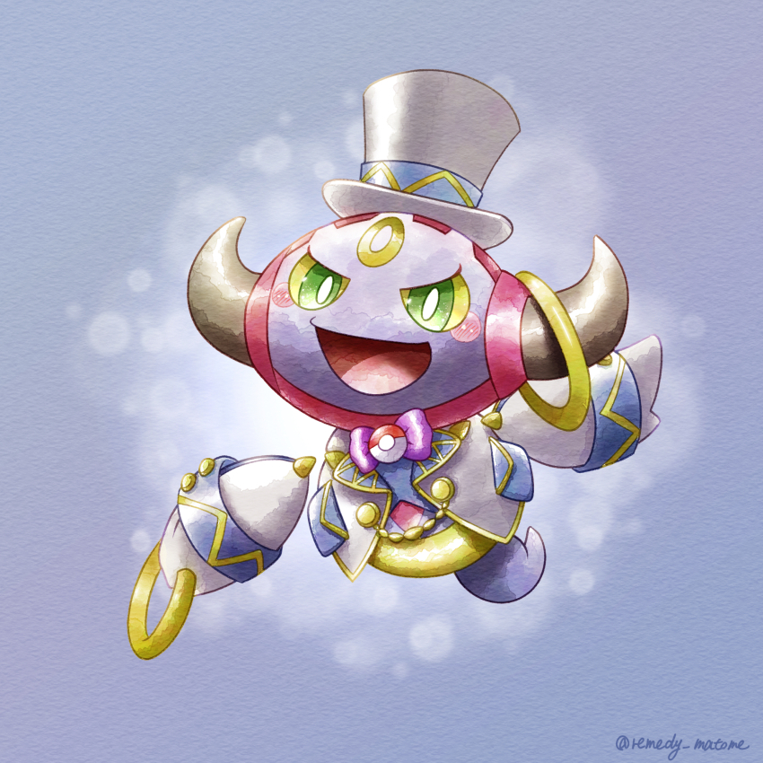 artist_name bright_pupils commentary_request gen_6_pokemon green_eyes grey_background hat highres hoopa hoopa_(confined) hoopa_(special) horns legendary_pokemon mythical_pokemon nintendo no_humans open_mouth pokemon pokemon_(creature) rayman_limbs remedy_matome smile top_hat white_pupils