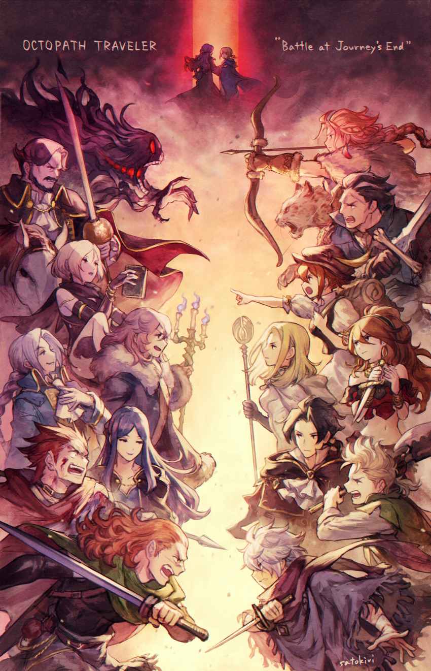 6+boys 6+girls alfyn_(octopath_traveler) ascot axe backpack bag beard blonde_hair blue_coat book bow_(weapon) braid brooch candle candlestand cape character_request cheetah choker coat cyrus_(octopath_traveler) dagger drawing_bow english_text facial_hair fur-trimmed_coat fur_trim green_cape h&#039;aanit_(octopath_traveler) hat highres holding holding_axe holding_book holding_bow_(weapon) holding_dagger holding_knife holding_staff holding_sword holding_weapon jewelry knife linde_(octopath_traveler) long_hair looking_at_another looking_back monster multiple_boys multiple_girls octopath_traveler octopath_traveler_i olberic_eisenberg open_mouth ophilia_(octopath_traveler) parted_lips ponytail primrose_azelhart purple_hair purple_scarf red_eyes satou_kivi scarf short_hair smile staff sword therion_(octopath_traveler) tressa_(octopath_traveler) weapon white_ascot white_hair
