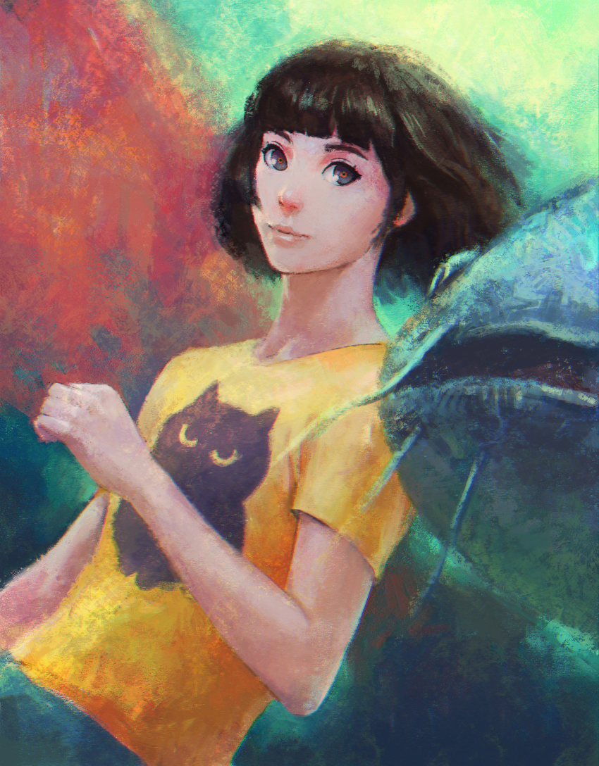 1girl absurdres akane_(birthday_wonderland) animal_print birthday_wonderland black_hair blue_shorts blunt_bangs blunt_ends bob_cut breasts brovkin_ilya brown_eyes cat_print catfish closed_mouth commentary curled_fingers fish floating_hair from_side glowing glowing_eyes green_background hand_up highres light_smile looking_at_viewer looking_to_the_side pink_lips print_shirt red_background red_pupils shirt short_hair short_sleeves shorts small_breasts solo t-shirt upper_body whiskers yellow_shirt