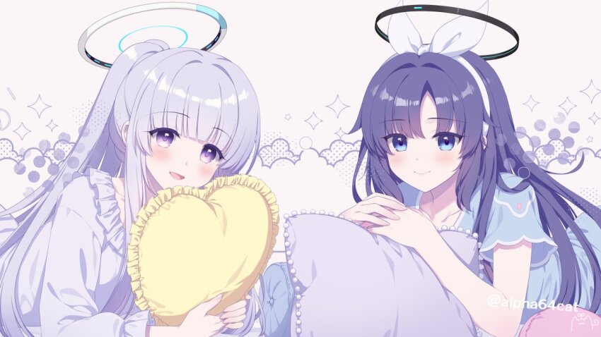 2girls alpha_(yukai_na_nakamatachi) black_halo blue_archive halo lying mechanical_halo multiple_girls noa_(blue_archive) noa_(pajamas)_(blue_archive) official_alternate_costume official_alternate_hairstyle pillow ponytail purple_eyes purple_hair purple_pillow sleepwear white_hair yellow_pillow yuuka_(blue_archive) yuuka_(pajamas)_(blue_archive)