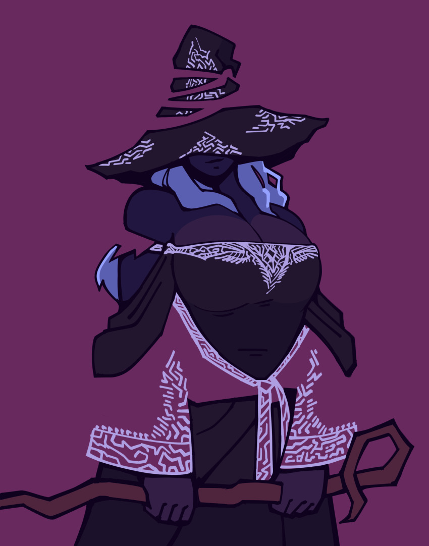 1girl absurdres bare_shoulders blending blue_hair breasts cdlum cleavage elden_ring flat_color hat hat_over_eyes highres holding holding_staff huge_breasts long_hair recluse_(elden_ring) simple_background solo staff wide_sleeves witch_hat wooden_staff