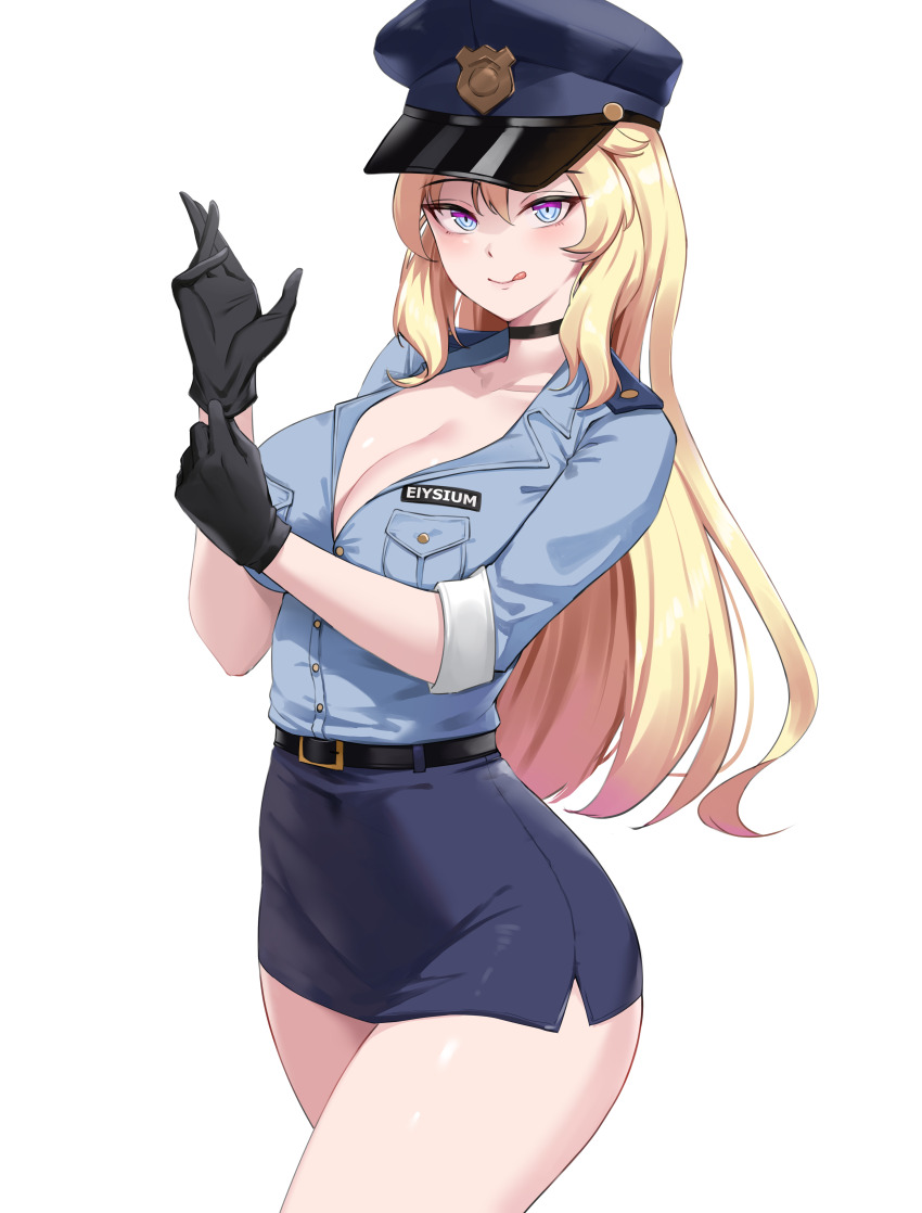 1girl :q absurdres belt black_choker black_gloves blonde_hair blue_eyes blue_hat blue_shirt blue_skirt breast_pocket breasts choker cleavage closed_mouth collarbone collared_shirt commission covered_navel cowboy_shot dress_shirt gloves hand_up hat high-waist_skirt highres katsuboys large_breasts long_hair looking_at_viewer name_tag original peaked_cap pencil_skirt pocket police_hat shirt shirt_tucked_in simple_background skirt smile solo standing thighs tongue tongue_out white_background