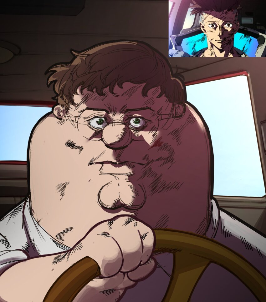 1boy anime_screenshot_inset brown_hair car_interior cleft_chin commentary cyberpunk_(series) cyberpunk_edgerunners david_martinez_stare_(meme) driving english_commentary family_guy fat fat_man glasses green_eyes highres holding_steering_wheel kowai_(iamkowai) looking_at_viewer male_focus meme peter_griffin reference_inset round_eyewear scratches shirt short_hair solo steering_wheel very_short_hair white_shirt
