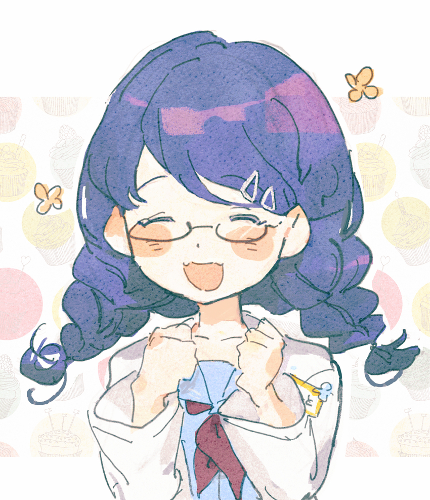 1girl black_hair blue_shirt coat fukumaru_koito glasses highres idolmaster idolmaster_shiny_colors long_hair open_mouth orniflop red_scarf scarf shirt twintails white_coat