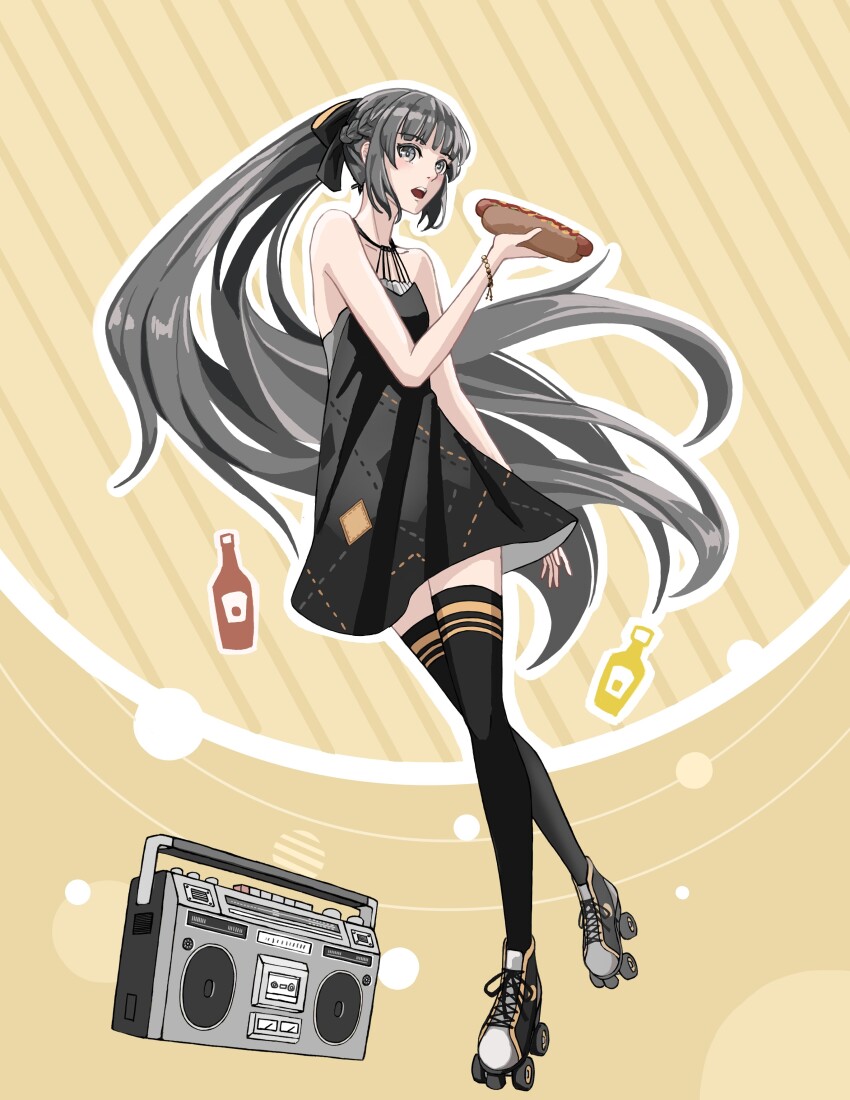 1girl absurdres black_dress black_thighhighs bracelet braid dress food french_braid full_body grey_eyes grey_hair highres holding holding_food hot_dog jewelry long_hair nanami:_pulse_(pgr) nanami_(pgr) open_mouth ponytail punishing:_gray_raven roller_skates sidelocks skates sleeveless sleeveless_dress solo stereo teeth thighhighs trashpanda_11b upper_teeth_only very_long_hair