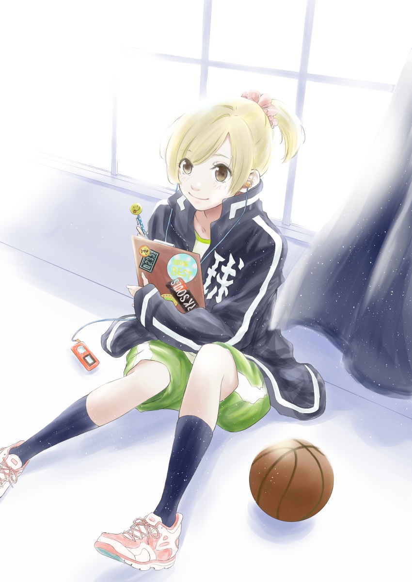 1girl absurdres ahiru_no_sora bad_id bad_pixiv_id ball basketball basketball_(object) black_socks blonde_hair blush brown_eyes clipboard curtains digital_media_player female_focus green_shorts hair_ornament hair_scrunchie highres indoors jacket looking_at_viewer nao_nanao pen ponytail scrunchie shoes shorts sitting smile sneakers socks solo window