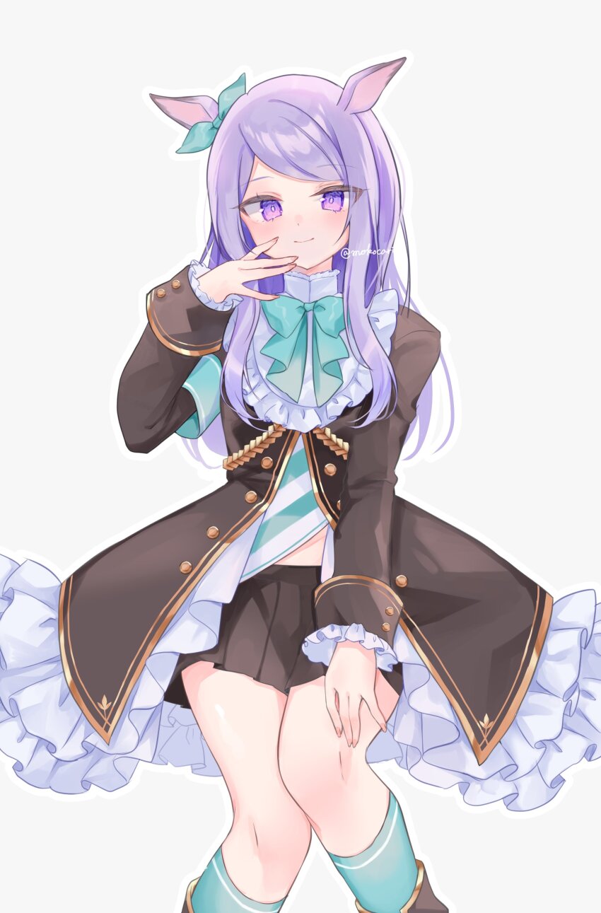 1girl absurdres animal_ears black_jacket black_skirt bow bowtie commentary ear_bow green_bow green_bowtie green_socks grey_background highres horse_ears horse_girl jacket kneehighs long_hair long_sleeves looking_at_viewer mejiro_mcqueen_(umamusume) midriff moko_(mokochisa) pleated_skirt purple_eyes purple_hair simple_background sitting skirt smile socks solo swept_bangs twitter_username umamusume white_background